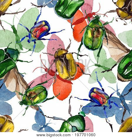 Exotic beetle bronzovka wild insect pattern in a watercolor style. Full name of the insect: beetle bronzovka. Aquarelle wild insect for background, texture, wrapper pattern or tattoo.