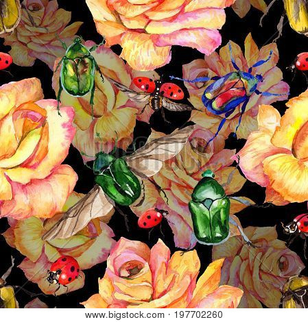 Exotic beetle bronzovka wild insect pattern in a watercolor style. Full name of the insect: beetle bronzovka. Aquarelle wild insect for background, texture, wrapper pattern or tattoo.