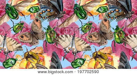 Exotic beetle bronzovka wild insect pattern in a watercolor style. Full name of the insect: beetle bronzovka. Aquarelle wild insect for background, texture, wrapper pattern or tattoo.