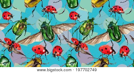Exotic beetle bronzovka wild insect pattern in a watercolor style. Full name of the insect: beetle bronzovka. Aquarelle wild insect for background, texture, wrapper pattern or tattoo.