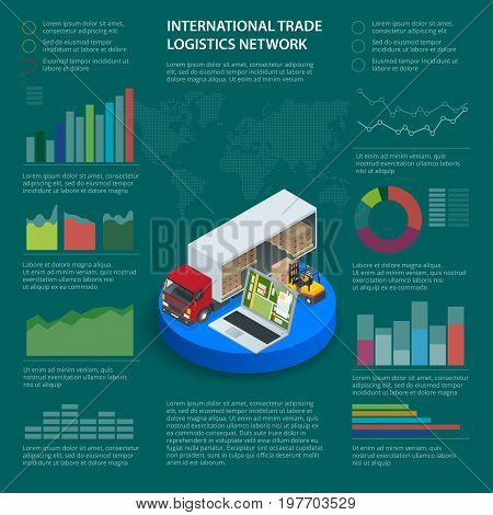 Infographics with data icons, world map charts and design elements of International trade logistics network infographic vector illustration with isometric vehicles for cargo transport.