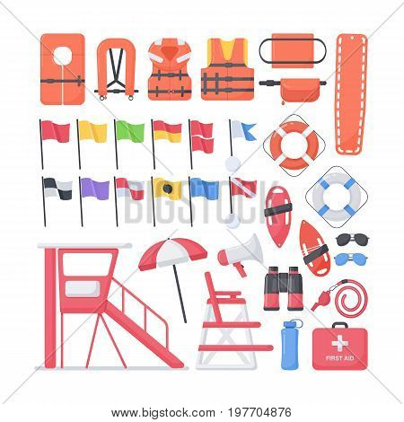Lifeguard equipment flat vector icons set big set of design beach safety objects isolated on the white background vector illustration