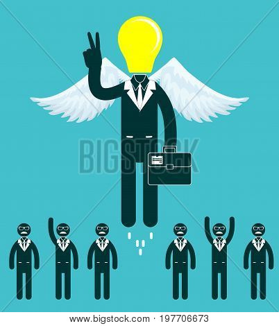 light bulb headed businessmen In the center of a group of people. Idea and leadership concept. Stock flat vector illustration.