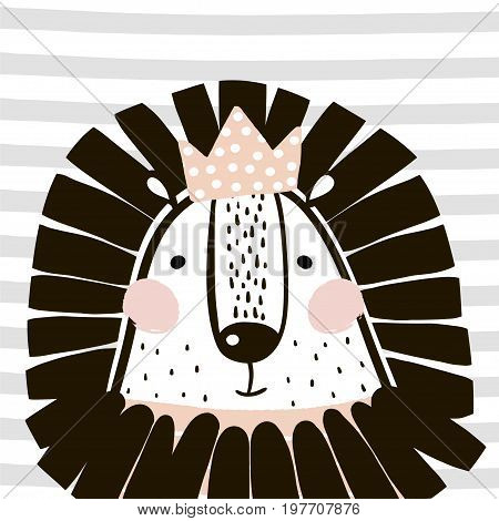 Cute cartoon lion girl with crown in scandinavian style. Childish print for nursery kids apparelposter postcard. Vector Illustration