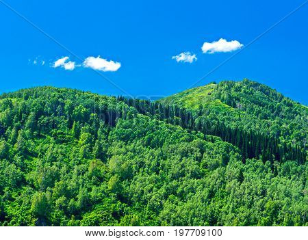 Blue sky white clouds green Altai Mountains at noon Ridder Kazakhstan
