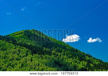 Blue sky white clouds green Altai Mountains at noon Ridder Kazakhstan