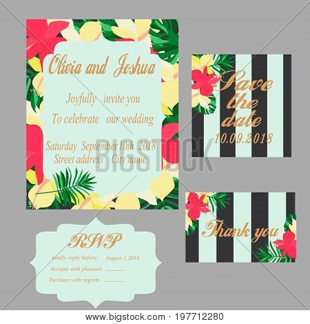 Trendy tropical jungle style vector wedding print set. Invitation cards, menu and envelope vector templates with exotic green, blue, pink plants with glittering gold blots and stripes texture.