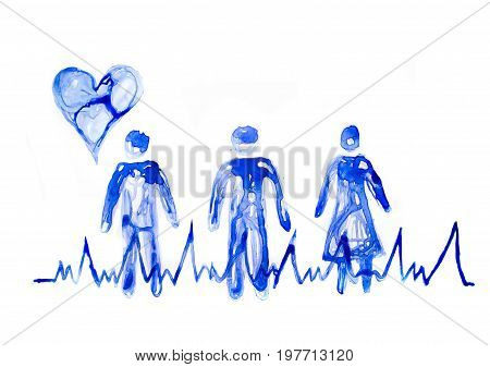 Abstract people made of beautiful watercolour effects. Heart symbol and puls trace line. Medical and health concept background.  Watercolour textured collection.