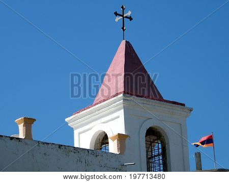 Coptic Orthodox Church and Flag of Armenia in old city Jaffa Israel