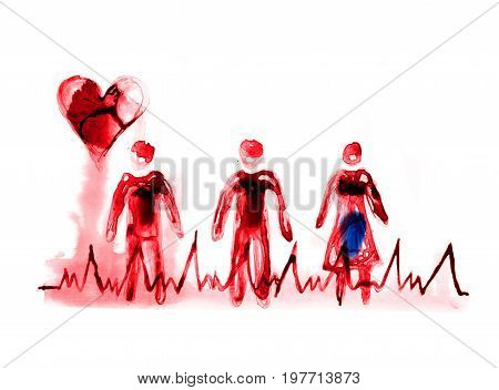 Abstract people made of beautiful watercolour effects. Heart symbol and puls trace line. Medical and health concept background.  Watercolour textured collection.