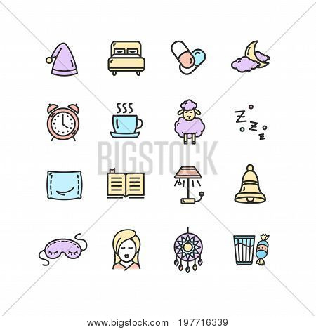 Sleeping and Insomnia Color Thin Line Icon Set Care Health Night Dream . Vector illustration
