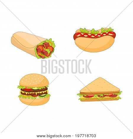 Vector burger hot dog roll shawarma sandwich set. Flat cartoon isolated illustration on a white background. Fast junk food concept. Tasty triangular sandwich, shawarma doner kebab, humburger, hot dog