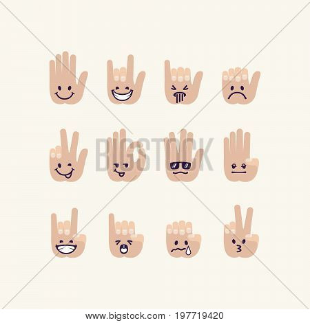 Vector set of gesture human palm with emotion signs. Human hands with drawn faces