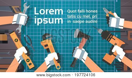 Hands Holding Tools Repair And Construction Working Equipment Over Copy Space Flat Vector Illustration