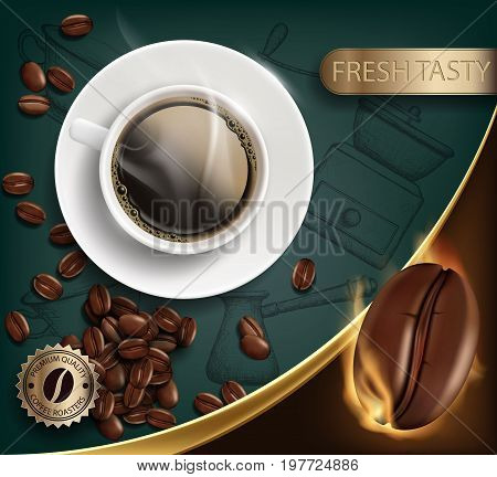Cup with a coffee and beans on the table. Background for food and drinks. Brand name of high quality. Stock vector illustration.