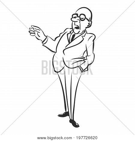 Business man standing in dark suit with hand in his pockets, isolated vector drawing