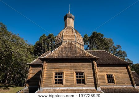 Curitiba, Brazil - July 21, 2017: Ukrainian Catholic Church is a tribute to European immigrants in Curitiba, and is located in Tingui Park, open for public as a museum and memorial.