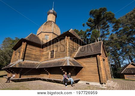 Curitiba, Brazil - July 21, 2017: Ukrainian Catholic Church is a tribute to European immigrants in Curitiba, and is located in Tingui Park, open for public as a museum and memorial.