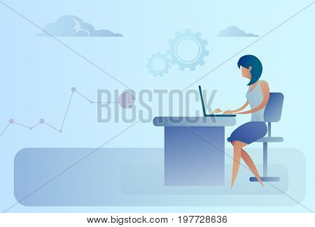 Abstract Business Woman Sitting At Office Desk Working Laptop Computer Vector Illustration