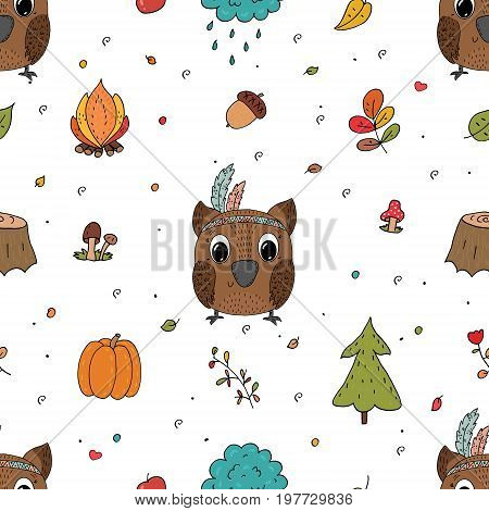 Hand drawn vector Cute seamless pattern with Cute owl.