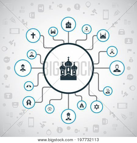 Elements Devil, Pater, Orison And Other Synonyms God, Cardinal And Church.  Vector Illustration Set Of Simple Faith Icons.