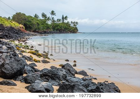 A view of the shoreline in the Kahana area of Maui Hawaii.