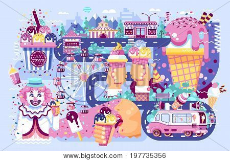 Stock vector illustration business selling different kinds ice cream sale of food with machine, meal on wheels clown amusement park sweets vanilla chocolate fruit filling cafe near road in flat style