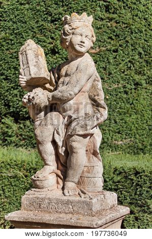 Sandstone baroque statues at the Buchlovice castle in the Czech Republic. Decorative sculptures in the garden