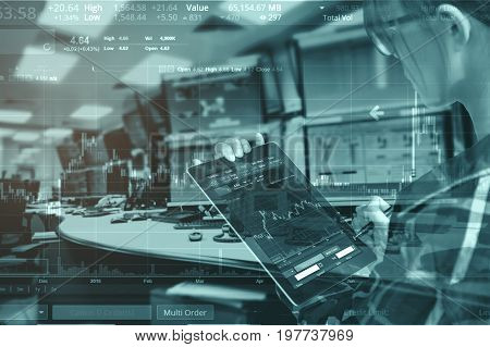 Double exposure of business woman with glasses in hipster shirts holding tablet for check stock market graph with stock and computer graph background Business Trading concept.