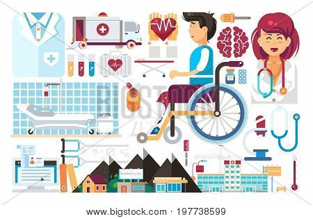 Stock vector set isolated design element medicine health care of patient medical insurance treatment illness recovery doctor nurse ambulance hospital pharmacy polyclinic flat style on white background.