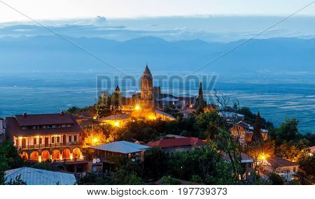 Panoramic view of the Alazani valley and Sighnaghi at night. Kakheti region, Georgia