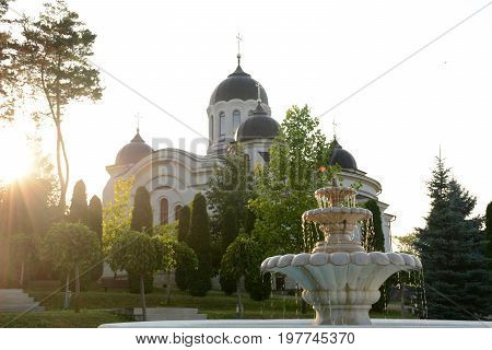 Monastery in Moldova. Orthodox Church at sunset