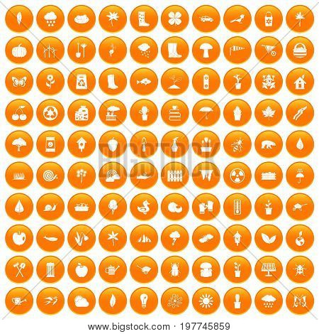 100 garden stuff icons set in orange circle isolated vector illustration
