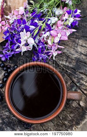 Espresso Coffee And Summer Flowers.