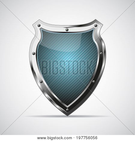 Metal blue shield with shadow on a gray background. Vector illustration
