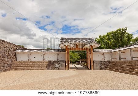 YAMAGATA JAPAN - MAY 28 2017: Reconstructed (2014) Ichimonji Gate of Main Bailey of Yamagata Castle Japan. Castle founded in 1356 abandoned in 1868 and designated national historical site in 1986