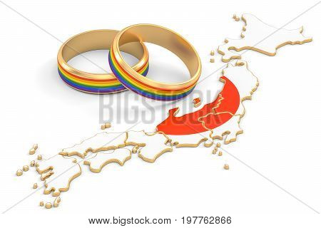 Japanese map with LGBT rainbow rings 3D rendering