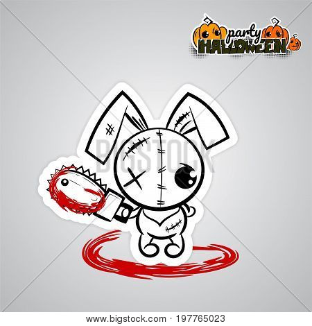 Pop art wow comic book text party. Ugly angry monochrome thread needle sewing voodoo doll. Vector illustration sticker paper. Halloween evil bunny rabbit cartoon funny monster electric saw blood.