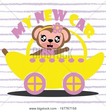 Cute monkey drives new car vector cartoon illustration for kid t shirt design, nursery wall, and wallpaper