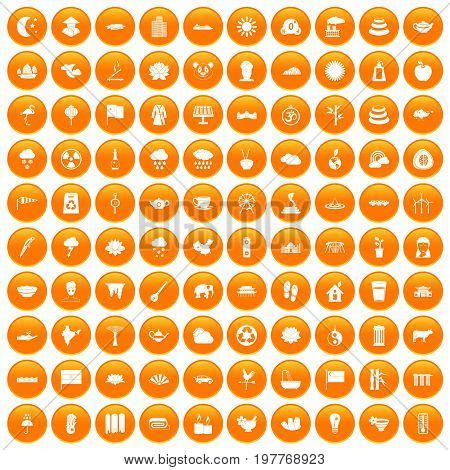 100 lotus icons set in orange circle isolated vector illustration