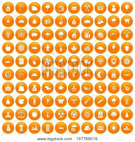 100 lumberjack icons set in orange circle isolated vector illustration