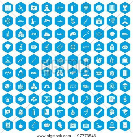 100 antiterrorism icons set in blue hexagon isolated vector illustration