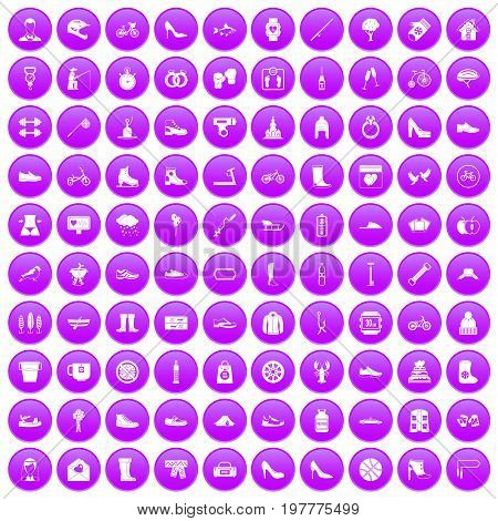 100 shoe icons set in purple circle isolated on white vector illustration