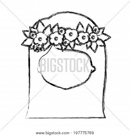 monochrome blurred silhouette of caricature faceless woman with straigh medium hairstyle and crown decorate with flowers vector illustration