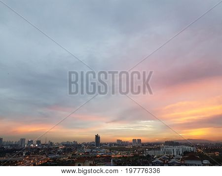 High angle Breathtaking colorful sunset view of Johor Bahru cityscape in Malaysia