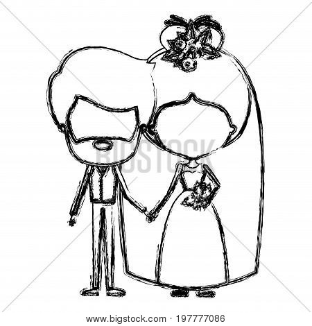 monochrome blurred silhouette of caricature faceless newly married couple bearded groom with formal wear and bride with bun hairstyle vector illustration