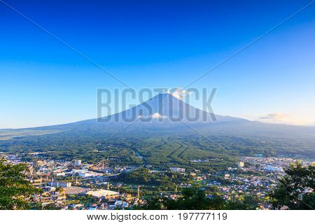 Mountain Fuji (Fujisan) in blue sky of summer time. Taken from Kawaguchiko lake