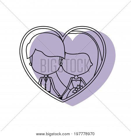 silhouette heart shape lilac shadow with contour faceless newly married couple inside of newly married couple young groom with formal wear and bride with long hairstyle and holdings hands vector illustration
