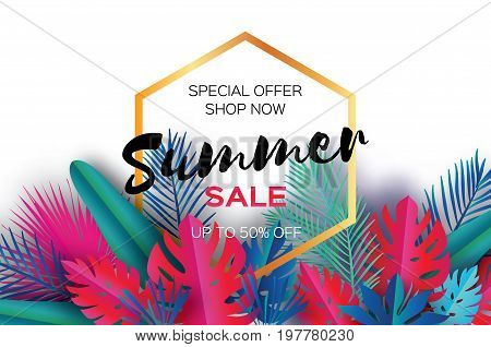Trendy Summer Sale Template banner. Paper art Tropical palm leaves, plants. Exotic. Hawaiian. Space for text. Hexagon frame. Colorful jungle floral background. Monstera. Vector illustration