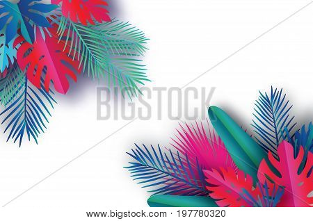 Trendy Summer Template banner. Paper art Tropical palm leaves, plants. Exotic. Hawaiian. Space for text. Colorful jungle floral background. Monstera. Vector illustration